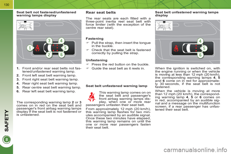 PEUGEOT 3008 HYBRID 4 2011  Owners Manual 130
   
 
1. 
  Front and/or rear seat belts not fas-
tened/unfastened warning lamp. 
   
2. 
  Front left seat belt warning lamp. 
   
3. 
  Front right seat belt warning lamp. 
   
4. 
  Rear right 