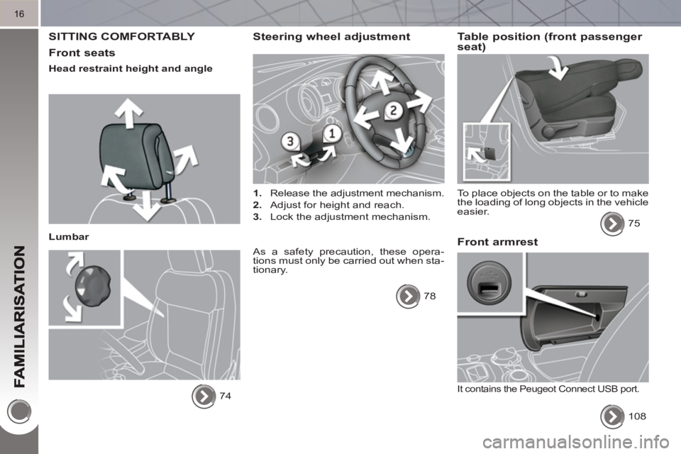 PEUGEOT 3008 HYBRID 4 2011 User Guide 16
  SITTING COMFORTABLY 
   
Front seats 
 
 
Head restraint height and angle  
   
Lumbar 
  74  
 
Steering wheel adjustment 
 
 
 
1. 
  Release the adjustment mechanism. 
   
2. 
  Adjust for hei
