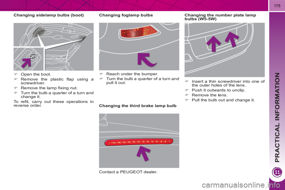 PEUGEOT 3008 HYBRID 4 2011  Owners Manual PRACTICAL INFORMATION
175
   
 
 
 
 
 
 
 
 
 
 
 
 
 
 
 
 
 
 
Changing the third brake lamp bulb     
Changing sidelamp bulbs (boot)    
 
 
 
 
 
 
 
 
 
 
 
 
 
 
 
 
Changing foglamp bulbs 
   