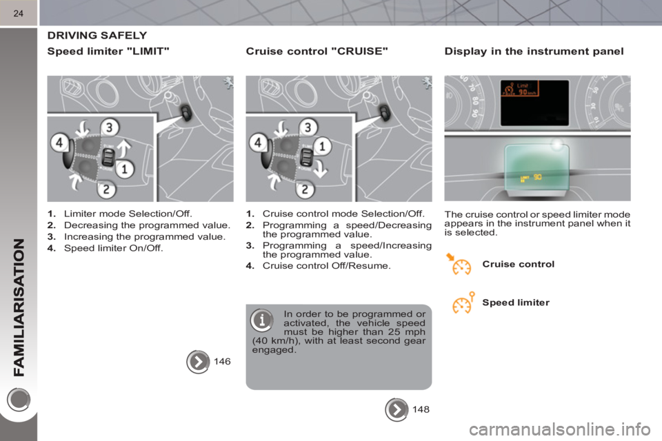 PEUGEOT 3008 HYBRID 4 2011 Owners Manual 24
  DRIVING SAFELY 
   
S
peed limiter "LIMIT" 
 
 
 
1. 
  Limiter mode Selection/Off. 
   
2. 
  Decreasing the programmed value. 
   
3. 
  Increasing the programmed value. 
   
4. 
  Speed limite