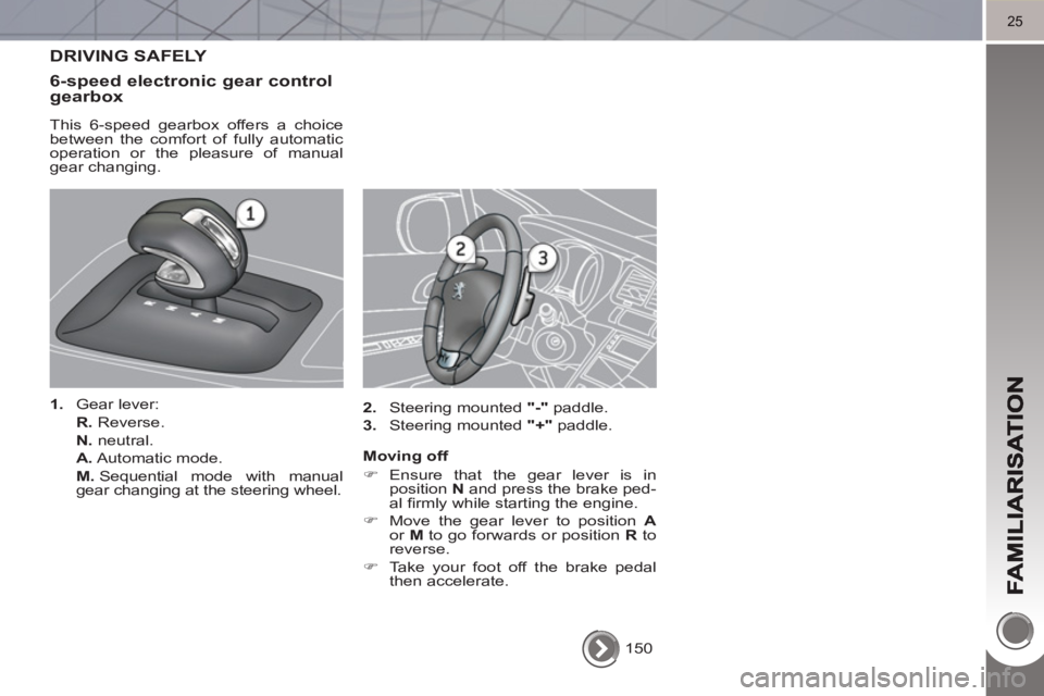 PEUGEOT 3008 HYBRID 4 2011 Owners Manual 25
  150  
 
DRIVING SAFELY 
6-speed electronic 
gear controlgearbox 
   
This 6-speed gearbox offers a choice 
between the comfort of fully automatic 
operation or the pleasure of manual 
gear changi