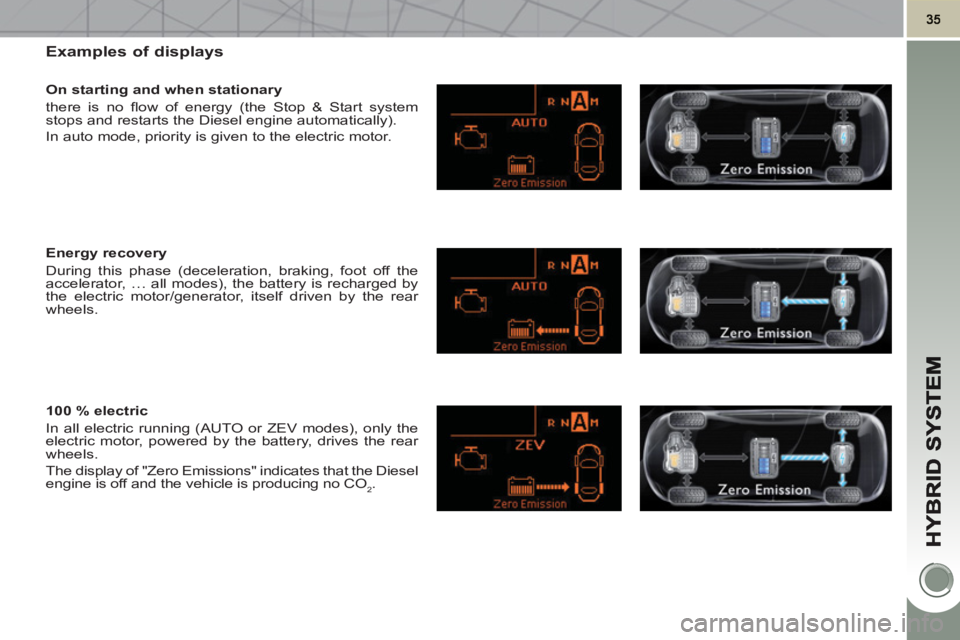 PEUGEOT 3008 HYBRID 4 2011 Owners Guide Examples of displays
On starting and when stationary
there is no fl ow of energy (the Stop & Start system
stops and restarts the Diesel engine automatically).
In auto mode, priority is giv PEUGEOT 3008 HYBRID 4 2011 Owners Guide Examples of displays
On starting and when stationary
there is no fl ow of energy (the Stop & Start system
stops and restarts the Diesel engine automatically).
In auto mode, priority is giv