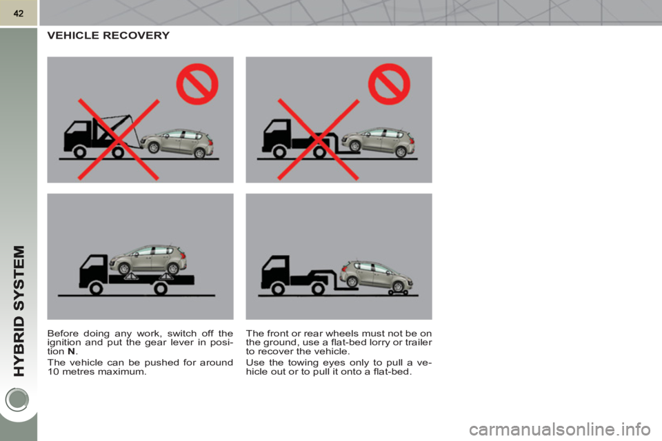 PEUGEOT 3008 HYBRID 4 2011 Service Manual VEHICLE RECOVERY
Before doing any work, switch off the
ignition and put the gear lever in posi-
tion N
.
The vehicle can be pushed for around
10 metres maximum. The front or rear wheels PEUGEOT 3008 HYBRID 4 2011 Service Manual VEHICLE RECOVERY
Before doing any work, switch off the
ignition and put the gear lever in posi-
tion N
.
The vehicle can be pushed for around
10 metres maximum. The front or rear wheels