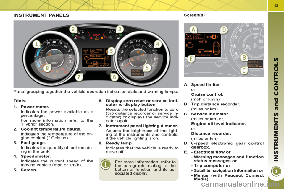 PEUGEOT 3008 HYBRID 4 2011 Service Manual 43
Panel grouping together the vehicle operation indication dials and warning lamps.
INSTRUMENT PANELS
For more information, refer to
the paragraph relating to the
button or function and its a PEUGEOT 3008 HYBRID 4 2011 Service Manual 43
Panel grouping together the vehicle operation indication dials and warning lamps.
INSTRUMENT PANELS
For more information, refer to
the paragraph relating to the
button or function and its a