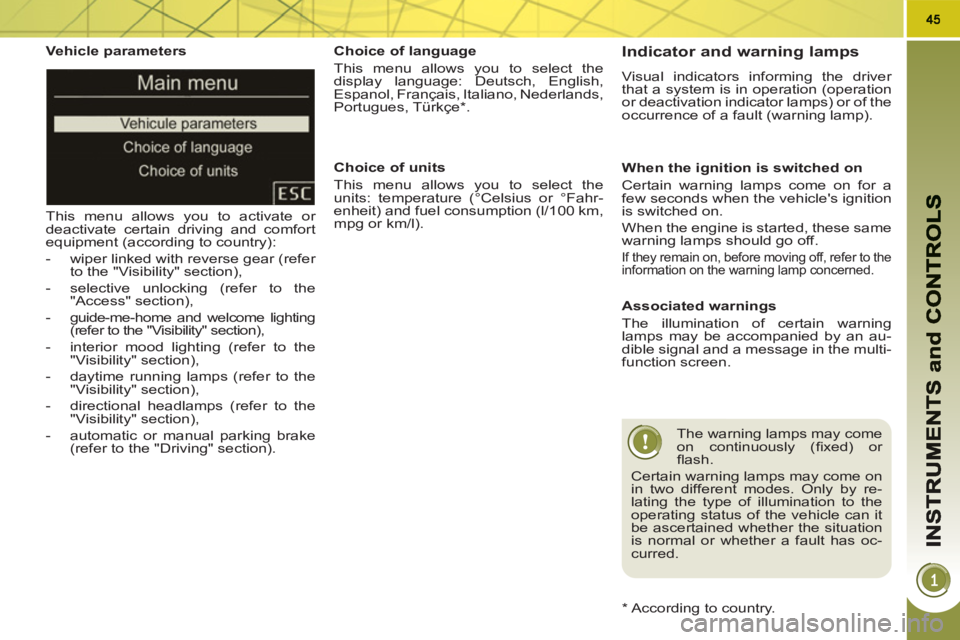 PEUGEOT 3008 HYBRID 4 2011 Service Manual
Vehicle parameters
This menu allows you to activate or
deactivate certain driving and comfort
equipment (according to country):
- wiper linked with reverse gear (refer
to the "Visib PEUGEOT 3008 HYBRID 4 2011 Service Manual
Vehicle parameters
This menu allows you to activate or
deactivate certain driving and comfort
equipment (according to country):
- wiper linked with reverse gear (refer
to the "Visib