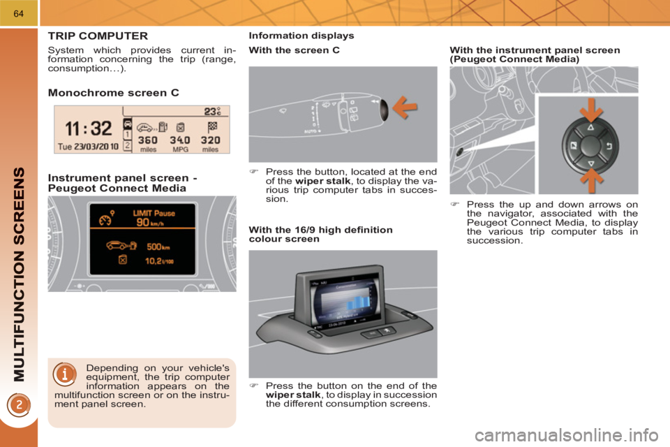 PEUGEOT 3008 HYBRID 4 2011 Repair Manual 64
   
Monochrome screen C
   
Instrument 
panel screen -Peugeot Connect Media
TRIP COMPUTER
 
System which provides current in-
formation concerning the trip (range, 
consumption…). 
  Depending on