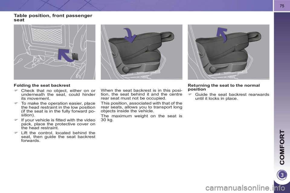 PEUGEOT 3008 HYBRID 4 2011 Manual PDF 75
   
Folding the seat backrest 
   
 
�) 
  Check that no object, either on or 
underneath the seat, could hinder 
its movement. 
   
�) 
  To make the operation easier, place 
the head restraint in