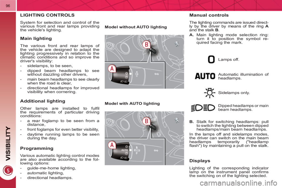 PEUGEOT 3008 HYBRID 4 2011  Owners Manual 96
LIGHTING CONTROLS 
  System for selection and control of the 
various front and rear lamps providing 
the vehicles lighting. 
   
Main lighting
 
The various front and rear lamps of 
the vehicle a