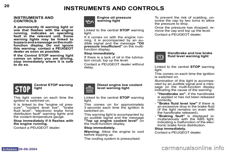 PEUGEOT 307 2004 User Guide �2�0
�3�0�-�0�8�-�2�0�0�4
�2�1
�3�0�-�0�8�-�2�0�0�4
�I�N�S�T�R�U�M�E�N�T�S� �A�N�D�  
�C�O�N�T�R�O�L�S
�A�  �p�e�r�m�a�n�e�n�t�l�y�  �l�i�t�  �w�a�r�n�i�n�g�  �l�i�g�h�t�  �o�r�  
�o�n�e�  �t�h�a�t�  