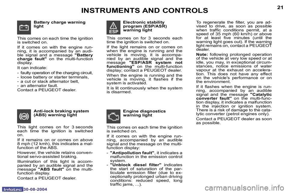 PEUGEOT 307 2004 User Guide �2�0
�3�0�-�0�8�-�2�0�0�4
�2�1
�3�0�-�0�8�-�2�0�0�4
�B�a�t�t�e�r�y� �c�h�a�r�g�e� �w�a�r�n�i�n�g�  
�l�i�g�h�t
�T�h�i�s� �c�o�m�e�s� �o�n� �e�a�c�h� �t�i�m�e� �t�h�e� �i�g�n�i�t�i�o�n�  
�i�s� �s�w�i�