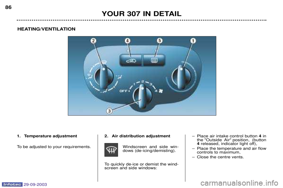 PEUGEOT 307 2003 Manual Online 29-09-2003
YOUR 307 IN DETAIL
86
HEATING/VENTILATION
1. Temperature adjustment 
To&
)
"

*
	 2. Air distribution adjustment
	

	 	
 
 	 

#
	+
	