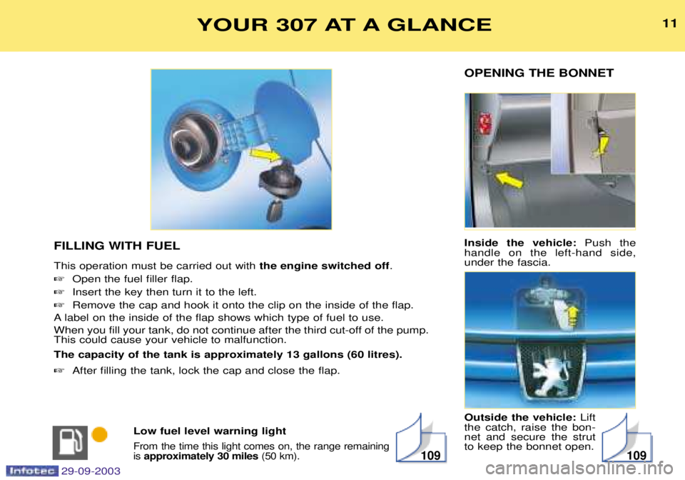 PEUGEOT 307 BREAK 2003  Owners Manual 11
OPENING THE BONNET Inside the vehicle:  2 

	  
 
	  


		- Outside the vehicle:  6


 	
 
	 
 $ 

 	 
 
 




!(