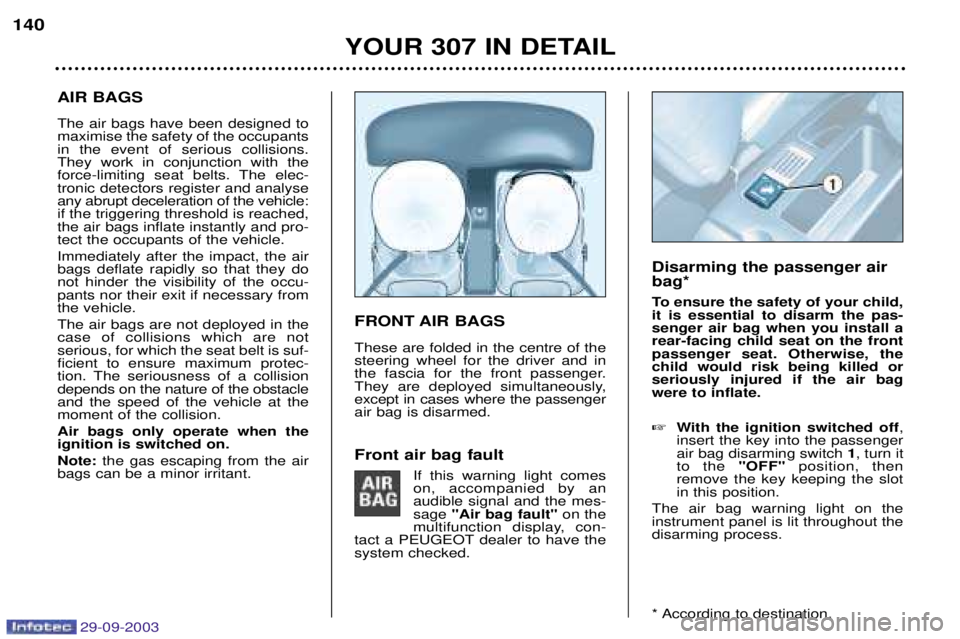 PEUGEOT 307 BREAK 2003  Owners Manual 29-09-2003
AIR BAGS The air bags have been designed to maximise the safety of the occupantsin the event of serious collisions.They work in conjunction with the
force-limiting seat belts. The elec-tron