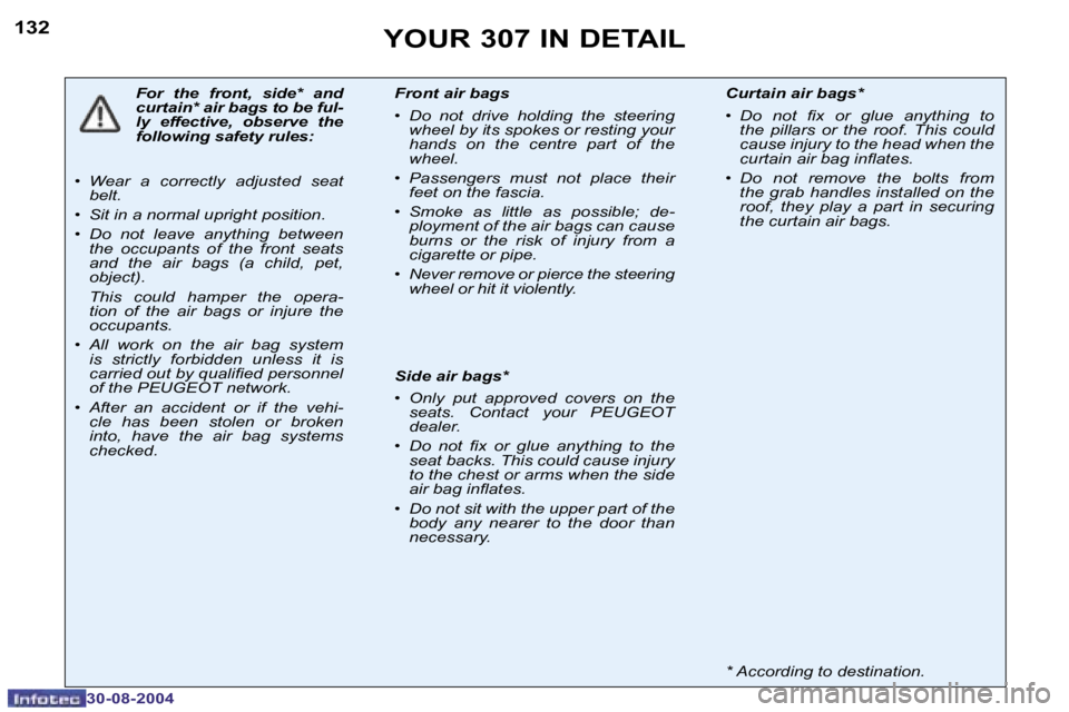 PEUGEOT 307 BREAK 2004  Owners Manual �1�3�2
�3�0�-�0�8�-�2�0�0�4
�Y�O�U�R� �3�0�7� �I�N� �D�E�T�A�I�L
�F�o�r�  �t�h�e�  �f�r�o�n�t�,�  �s�i�d�e�*�  �a�n�d�  
�c�u�r�t�a�i�n�*� �a�i�r� �b�a�g�s� �t�o� �b�e� �f�u�l�-
�l�y�  �e�f�f�e�c�t�i�