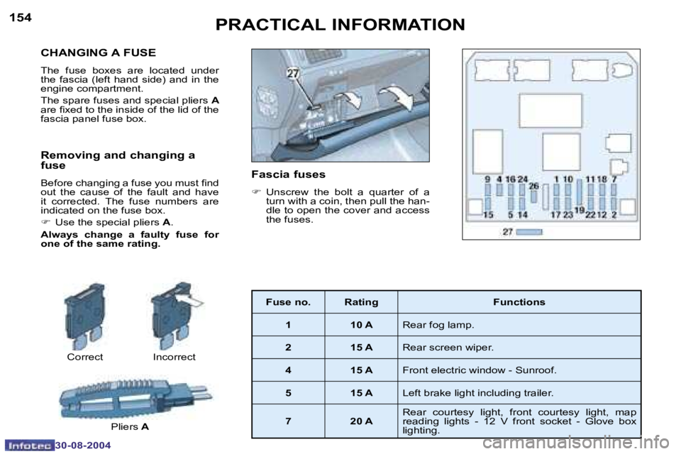 PEUGEOT 307 BREAK 2004  Owners Manual �1�5�4
�3�0�-�0�8�-�2�0�0�4
�1�5�5
�3�0�-�0�8�-�2�0�0�4
�C�H�A�N�G�I�N�G� �A� �F�U�S�E
�T�h�e�  �f�u�s�e�  �b�o�x�e�s�  �a�r�e�  �l�o�c�a�t�e�d�  �u�n�d�e�r�  
�t�h�e�  �f�a�s�c�i�a�  �(�l�e�f�t�  �h�