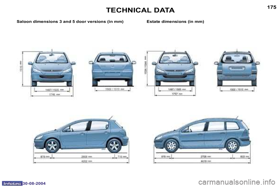 PEUGEOT 307 BREAK 2004  Owners Manual �1�7�4
�3�0�-�0�8�-�2�0�0�4
�1�7�5
�3�0�-�0�8�-�2�0�0�4
�S�a�l�o�o�n� �d�i�m�e�n�s�i�o�n�s� �3� �a�n�d� �5� �d�o�o�r� �v�e�r�s�i�o�n�s� �(�i�n� �m�m�) �E�s�t�a�t�e� �d�i�m�e�n�s�i�o�n�s� �(�i�n� �m�m�