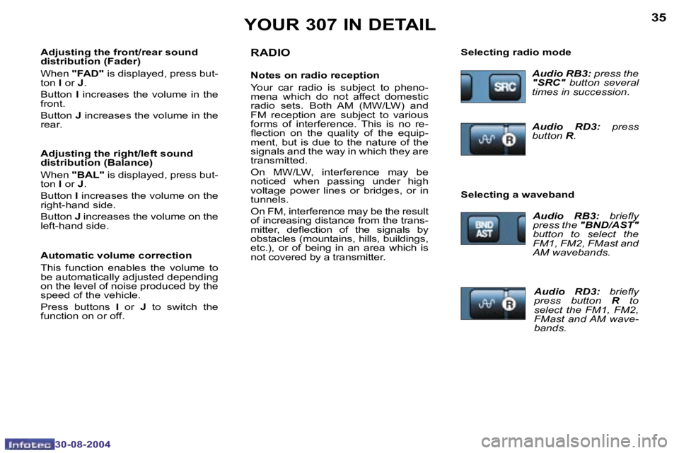 PEUGEOT 307 BREAK 2004 Owners Guide �3�4
�3�0�-�0�8�-�2�0�0�4
�3�5
�3�0�-�0�8�-�2�0�0�4
�Y�O�U�R� �3�0�7� �I�N� �D�E�T�A�I�L�R�A�D�I�O
�N�o�t�e�s� �o�n� �r�a�d�i�o� �r�e�c�e�p�t�i�o�n 
�Y�o�u�r�  �c�a�r�  �r�a�d�i�o�  �i�s�  �s�u�b�j�e�