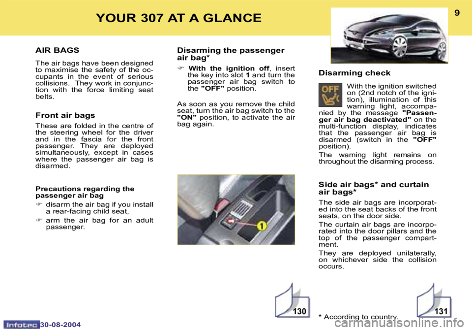 PEUGEOT 307 BREAK 2004  Owners Manual �1�3�0�1�3�1
�8
�3�0�-�0�8�-�2�0�0�4
�9
�3�0�-�0�8�-�2�0�0�4
�Y�O�U�R� �3�0�7� �A�T� �A� �G�L�A�N�C�E�S�i�d�e� �a�i�r� �b�a�g�s�*� �a�n�d� �c�u�r�t�a�i�n�  
�a�i�r� �b�a�g�s�*
�T�h�e�  �s�i�d�e�  �a�i