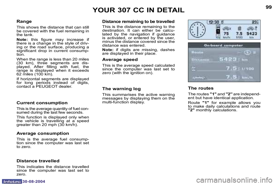 PEUGEOT 307 CC 2004  Owners Manual �9�8
�3�0�-�0�8�-�2�0�0�4
�9�9
�3�0�-�0�8�-�2�0�0�4
�R�a�n�g�e
�T�h�i�s� �s�h�o�w�s� �t�h�e� �d�i�s�t�a�n�c�e� �t�h�a�t� �c�a�n� �s�t�i�l�l�  
�b�e� �c�o�v�e�r�e�d� �w�i�t�h� �t�h�e� �f�u�e�l� �r�e�m�