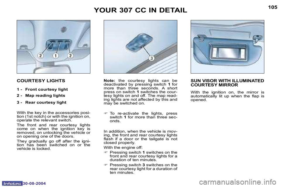 PEUGEOT 307 CC 2004  Owners Manual �1�0�4
�3�0�-�0�8�-�2�0�0�4
�1�0�5
�3�0�-�0�8�-�2�0�0�4
�Y�O�U�R� �3�0�7� �C�C� �I�N� �D�E�T�A�I�L
�C�O�U�R�T�E�S�Y� �L�I�G�H�T�S
�1� �-�  �F�r�o�n�t� �c�o�u�r�t�e�s�y� �l�i�g�h�t 
�2� �-�  �M�a�p� �r