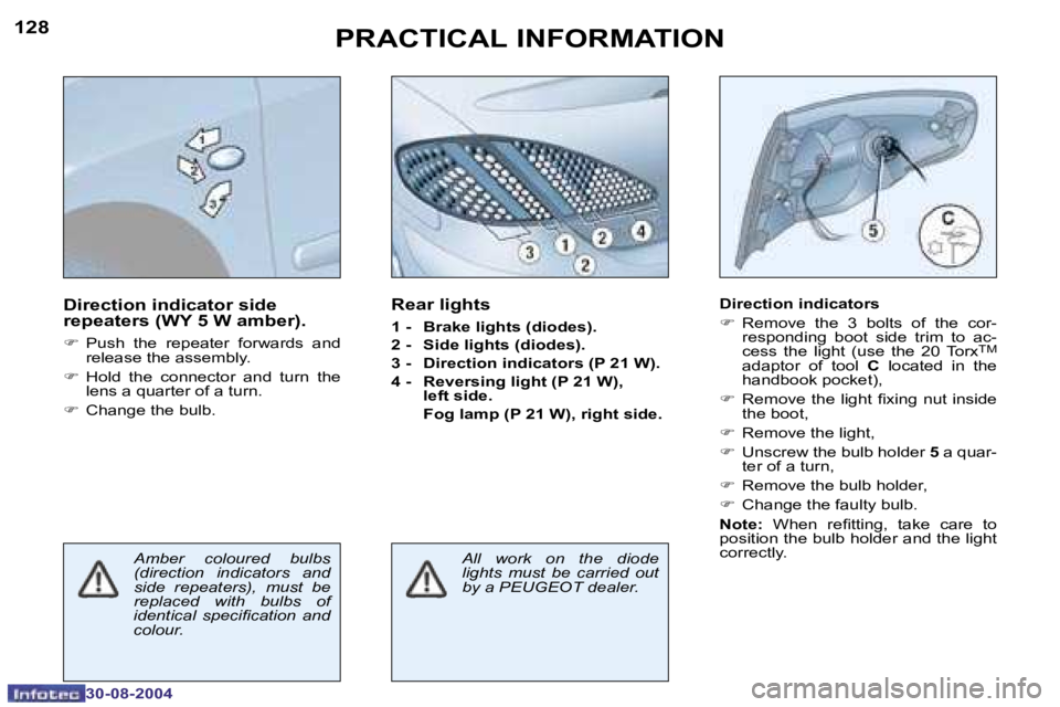 PEUGEOT 307 CC 2004  Owners Manual �1�2�8
�3�0�-�0�8�-�2�0�0�4
�1�2�9
�3�0�-�0�8�-�2�0�0�4
�P�R�A�C�T�I�C�A�L� �I�N�F�O�R�M�A�T�I�O�N
�D�i�r�e�c�t�i�o�n� �i�n�d�i�c�a�t�o�r� �s�i�d�e 
�r�e�p�e�a�t�e�r�s� �(�W�Y� �5� �W� �a�m�b�e�r�)�.
