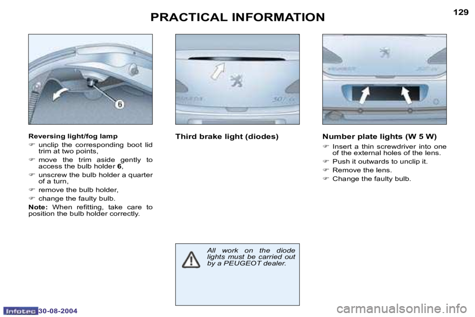 PEUGEOT 307 CC 2004  Owners Manual �1�2�8
�3�0�-�0�8�-�2�0�0�4
�1�2�9
�3�0�-�0�8�-�2�0�0�4
�P�R�A�C�T�I�C�A�L� �I�N�F�O�R�M�A�T�I�O�N
�R�e�v�e�r�s�i�n�g� �l�i�g�h�t�/�f�o�g� �l�a�m�p 
�F�  �u�n�c�l�i�p�  �t�h�e�  �c�o�r�r�e�s�p�o�n�d�i
