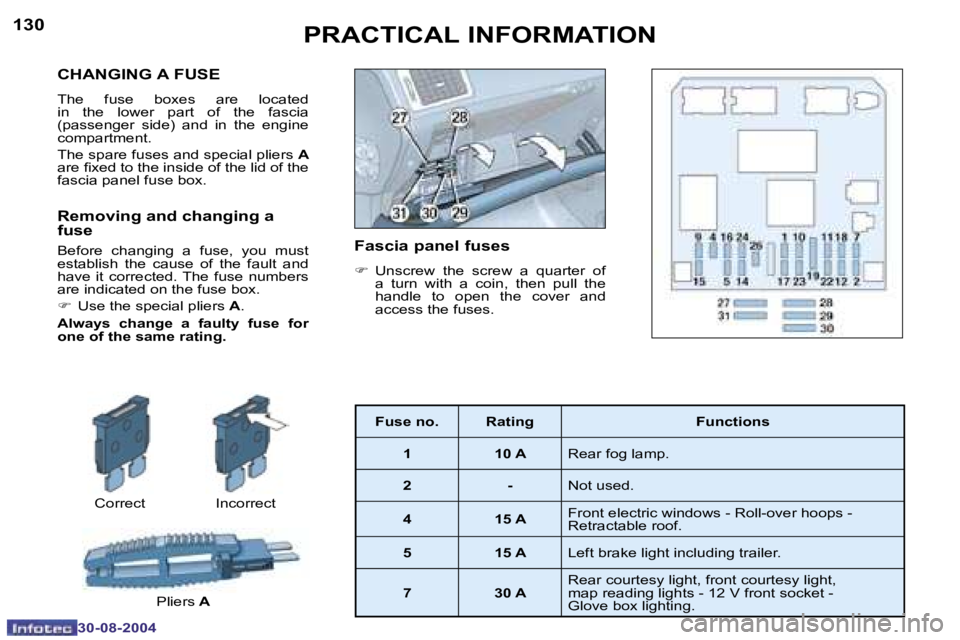 PEUGEOT 307 CC 2004  Owners Manual �1�3�0
�3�0�-�0�8�-�2�0�0�4
�1�3�1
�3�0�-�0�8�-�2�0�0�4
�C�H�A�N�G�I�N�G� �A� �F�U�S�E
�T�h�e�  �f�u�s�e�  �b�o�x�e�s�  �a�r�e�  �l�o�c�a�t�e�d�  
�i�n�  �t�h�e�  �l�o�w�e�r�  �p�a�r�t�  �o�f�  �t�h�e