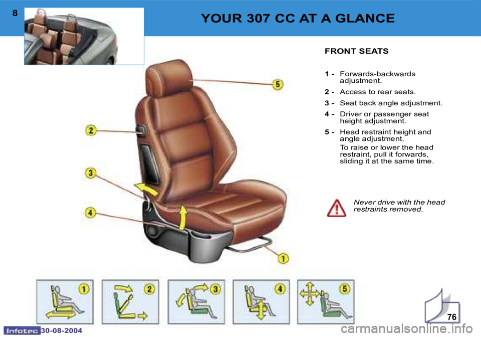 PEUGEOT 307 CC 2004  Owners Manual �7�6
�8
�3�0�-�0�8�-�2�0�0�4
�9
�3�0�-�0�8�-�2�0�0�4
�Y�O�U�R� �3�0�7� �C�C� �A�T� �A� �G�L�A�N�C�E�F�R�O�N�T� �S�E�A�T�S
�1� �- �  �F�o�r�w�a�r�d�s�-�b�a�c�k�w�a�r�d�s� 
�a�d�j�u�s�t�m�e�n�t�.
�2� �-