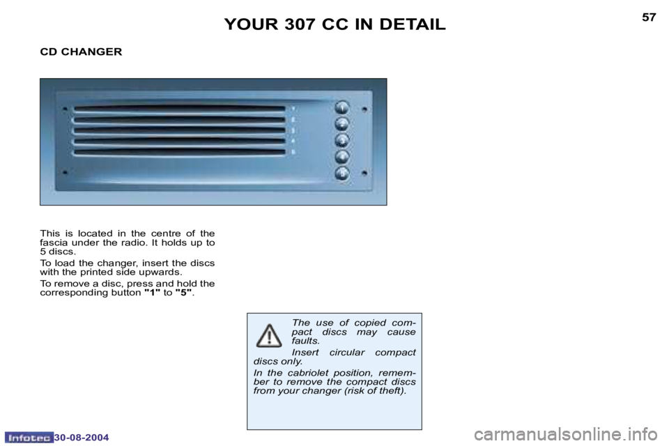 PEUGEOT 307 CC 2004 Workshop Manual �5�6
�3�0�-�0�8�-�2�0�0�4
�5�7
�3�0�-�0�8�-�2�0�0�4
�Y�O�U�R� �3�0�7� �C�C� �I�N� �D�E�T�A�I�L
�C�D� �C�H�A�N�G�E�R
�T�h�i�s�  �i�s�  �l�o�c�a�t�e�d�  �i�n�  �t�h�e�  �c�e�n�t�r�e�  �o�f�  �t�h�e�  
�