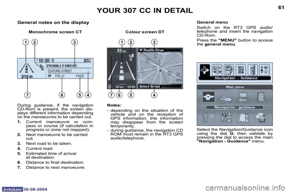 PEUGEOT 307 CC 2004 Repair Manual �6�0
�3�0�-�0�8�-�2�0�0�4
�6�1
�3�0�-�0�8�-�2�0�0�4
�G�e�n�e�r�a�l� �n�o�t�e�s� �o�n� �t�h�e� �d�i�s�p�l�a�y
�M�o�n�o�c�h�r�o�m�e� �s�c�r�e�e�n� �C�T �C�o�l�o�u�r� �s�c�r�e�e�n� �D�T�G�e�n�e�r�a�l� �m