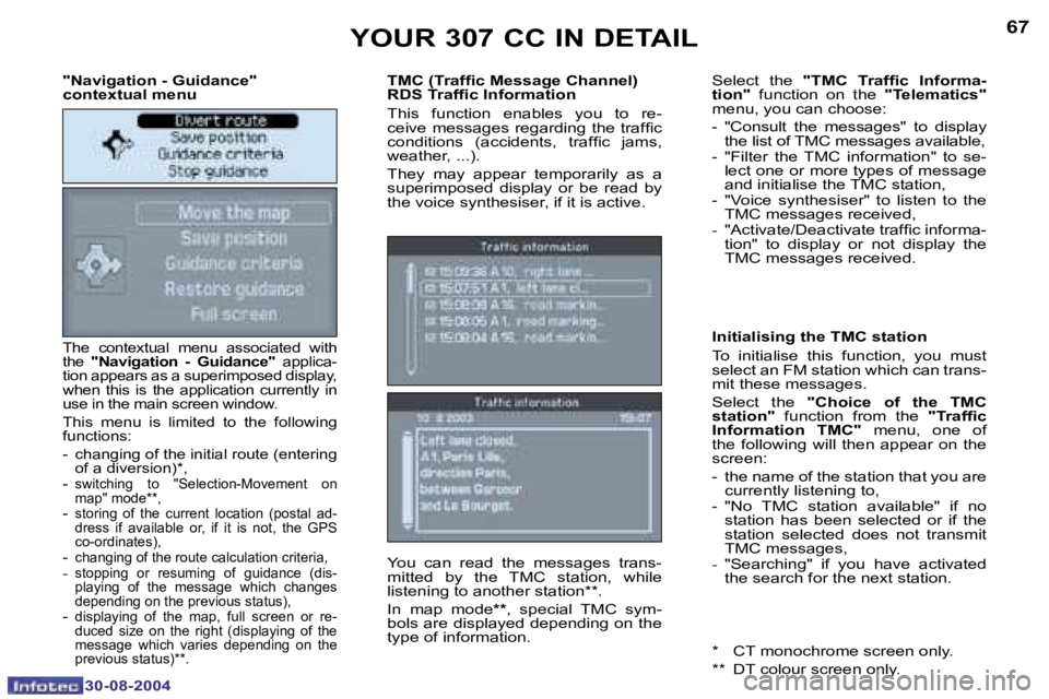 PEUGEOT 307 CC 2004 Repair Manual �6�6
�3�0�-�0�8�-�2�0�0�4
�6�7
�3�0�-�0�8�-�2�0�0�4
�"�N�a�v�i�g�a�t�i�o�n� �-� �G�u�i�d�a�n�c�e�" 
�c�o�n�t�e�x�t�u�a�l� �m�e�n�u
�T�h�e�  �c�o�n�t�e�x�t�u�a�l�  �m�e�n�u�  �a�s�s�o�c�i�a�t�e