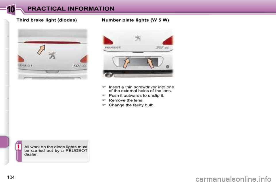 PEUGEOT 307 CC DAG 2007  Owners Manual 10
!
104
PRACTICAL INFORMATION
   
� � �  �I�n�s�e�r�t� �a� �t�h�i�n� �s�c�r�e�w�d�r�i�v�e�r� �i�n�t�o� �o�n�e� 
of the external holes of the lens. 
  
� � �  �P�u�s�h� �i�t� �o�u�t�w�a�r�d�s� �