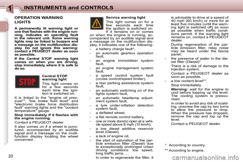 PEUGEOT 307 CC DAG 2007 User Guide 20
INSTRUMENTS and CONTROLS
 OPERATION WARNING 
LIGHTS 
  
A  permanently  lit  warning  light  or  
�o�n�e�	�t�h�a�t�	�l�	�a�s�h�e�s�	�w�i�t�h�	�t�h�e�	�e�n�g�i�n�e�	�r�u�n�-
ning,  indicates  an  op
