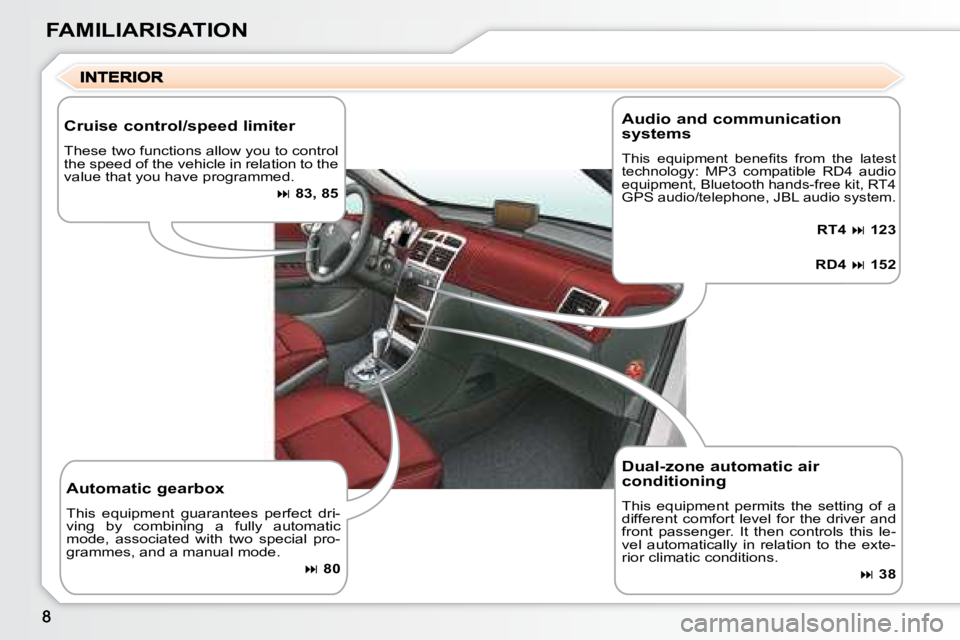 PEUGEOT 307 CC DAG 2007  Owners Manual FAMILIARISATION
  Dual-zone automatic air  
conditioning 
� �T�h�i�s�  �e�q�u�i�p�m�e�n�t�  �p�e�r�m�i�t�s�  �t�h�e�  �s�e�t�t�i�n�g�  �o�f�  �a�  
different  comfort  level  for  the  driver  and 
�f