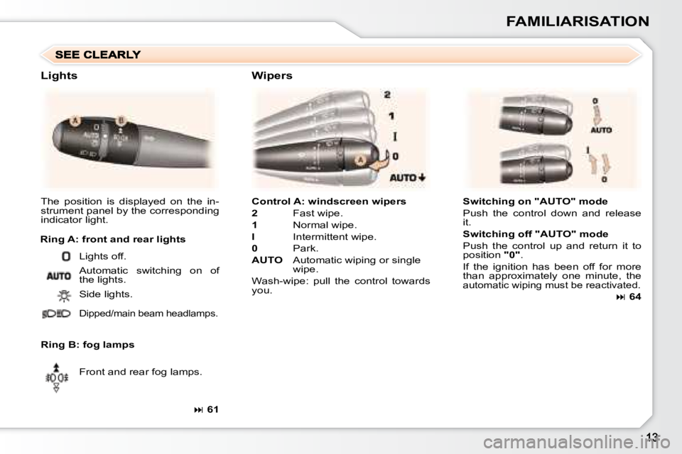 PEUGEOT 307 CC DAG 2007  Owners Manual FAMILIARISATION
  
Control A: windscreen wipers   
  
2 � �  �F�a�s�t� �w�i�p�e�.� 
  
1 � �  �N�o�r�m�a�l� �w�i�p�e�.� 
  
I  � �  �I�n�t�e�r�m�i�t�t�e�n�t� �w�i�p�e�.� 
  
0    Park. 
  
AUTO � �  �