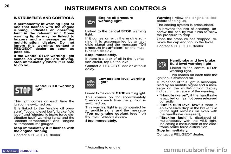 PEUGEOT 307 CC DAG 2004 User Guide �2�0
�3�0�-�0�8�-�2�0�0�4
�2�1
�3�0�-�0�8�-�2�0�0�4
�I�N�S�T�R�U�M�E�N�T�S� �A�N�D� �C�O�N�T�R�O�L�S
�A�  �p�e�r�m�a�n�e�n�t�l�y�  �l�i�t�  �w�a�r�n�i�n�g�  �l�i�g�h�t�  �o�r�  
�o�n�e�  �t�h�a�t�  �l