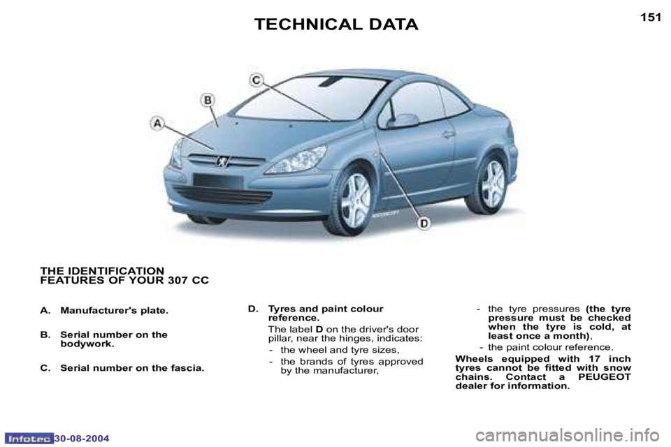 PEUGEOT 307 CC DAG 2004  Owners Manual �1�5�0
�3�0�-�0�8�-�2�0�0�4
�1�5�1
�3�0�-�0�8�-�2�0�0�4
�T�E�C�H�N�I�C�A�L� �D�A�T�A
�T�H�E� �I�D�E�N�T�I�F�I�C�A�T�I�O�N�  
�F�E�A�T�U�R�E�S� �O�F� �Y�O�U�R� �3�0�7� �C�C
�A�.�  �M�a�n�u�f�a�c�t�u�r�
