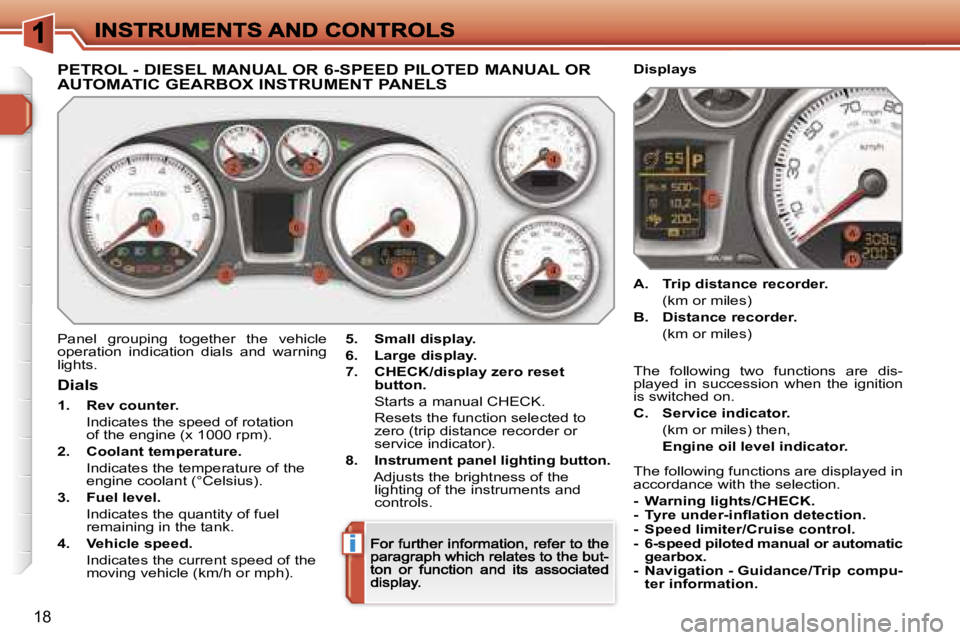 PEUGEOT 308 2007 User Guide �i
�1�8
�P�E�T�R�O�L� �-� �D�I�E�S�E�L� �M�A�N�U�A�L� �O�R� �6�-�S�P�E�E�D� �P�I�L�O�T�E�D� �M�A�N�U�A�L� �O�R�  
�A�U�T�O�M�A�T�I�C� �G�E�A�R�B�O�X� �I�N�S�T�R�U�M�E�N�T� �P�A�N�E�L�S
�P�a�n�e�l�  �g