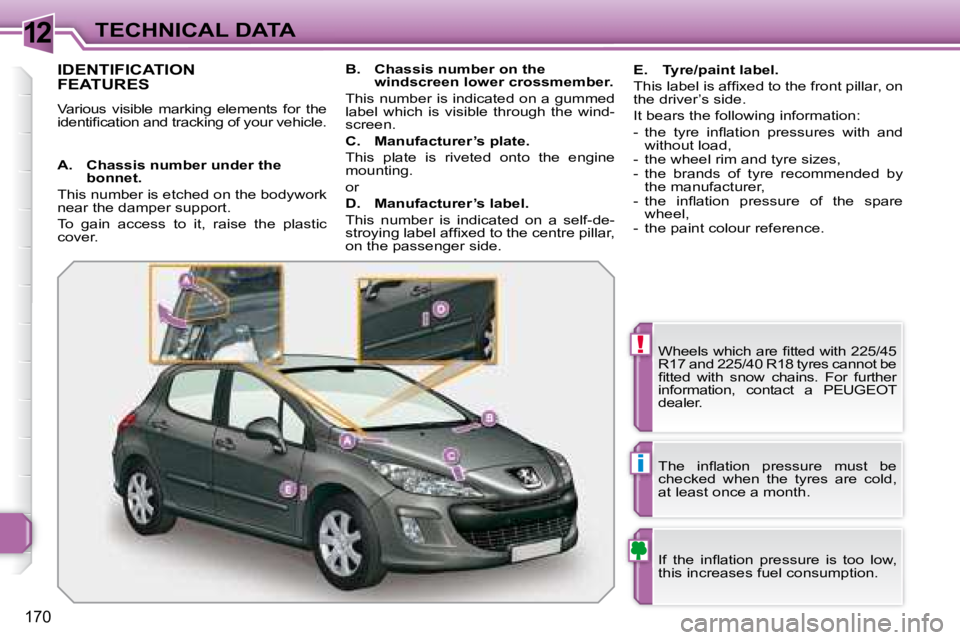 PEUGEOT 308 2007  Owners Manual 12
!
i
170
TECHNICAL DATA
IDENTIFICATION 
FEATURES
Various  visible  marking  elements  for  the  
�i�d�e�n�t�i�ﬁ� �c�a�t�i�o�n� �a�n�d� �t�r�a�c�k�i�n�g� �o�f� �y�o�u�r� �v�e�h�i�c�l�e�.�W�h�e�e�l�