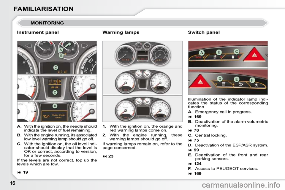 PEUGEOT 308 CC 2010 User Guide FAMILIARISATION
 MONITORING 
  Instrument panel   Switch panel 
   
A. � �  �W�i�t�h� �t�h�e� �i�g�n�i�t�i�o�n� �o�n�,� �t�h�e� �n�e�e�d�l�e� �s�h�o�u�l�d� 
�i�n�d�i�c�a�t�e� �t�h�e� �l�e�v�e�l� �o�f�