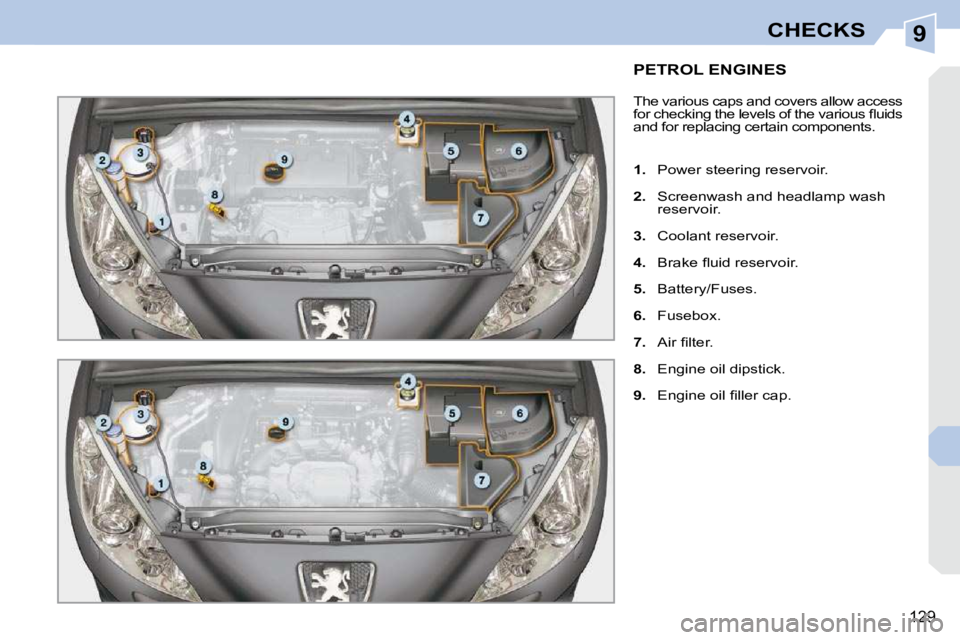 PEUGEOT 308 CC 2010  Owners Manual 9
129
CHECKS
PETROL ENGINES 
� �T�h�e� �v�a�r�i�o�u�s� �c�a�p�s� �a�n�d� �c�o�v�e�r�s� �a�l�l�o�w� �a�c�c�e�s�s�  
�f�o�r� �c�h�e�c�k�i�n�g� �t�h�e� �l�e�v�e�l�s� �o�f� �t�h�e� �v�a�r�i�o�u�s� �ﬂ� �
