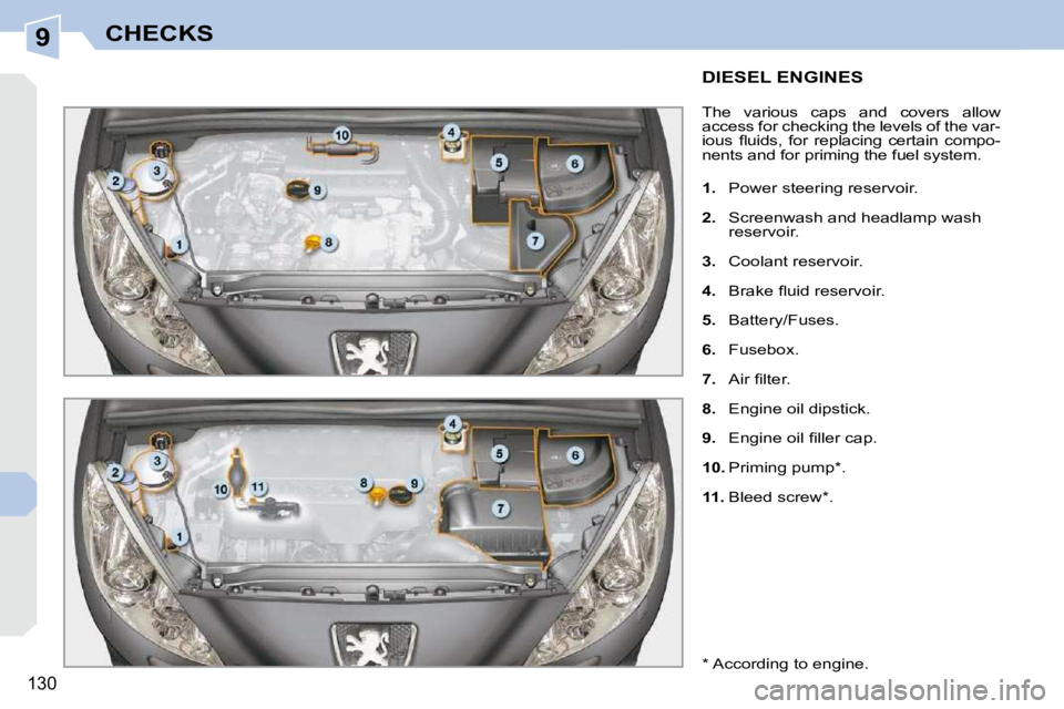 PEUGEOT 308 CC 2010  Owners Manual 9
130
CHECKS
DIESEL ENGINES 
� �T�h�e�  �v�a�r�i�o�u�s�  �c�a�p�s�  �a�n�d�  �c�o�v�e�r�s�  �a�l�l�o�w�  
�a�c�c�e�s�s� �f�o�r� �c�h�e�c�k�i�n�g� �t�h�e� �l�e�v�e�l�s� �o�f� �t�h�e� �v�a�r�-
�i�o�u�s�