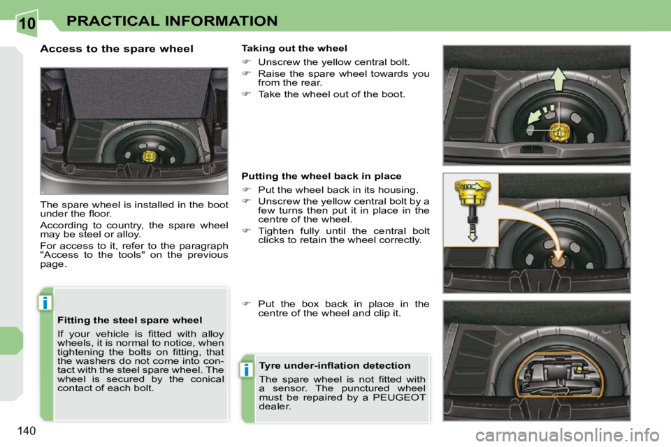 PEUGEOT 308 CC 2010  Owners Manual 10
i
i
�1�4�0
PRACTICAL INFORMATION
  Fitting the steel spare wheel  
� �I�f�  �y�o�u�r�  �v�e�h�i�c�l�e�  �i�s�  �ﬁ� �t�t�e�d�  �w�i�t�h�  �a�l�l�o�y�  
�w�h�e�e�l�s�,� �i�t� �i�s� �n�o�r�m�a�l� �t