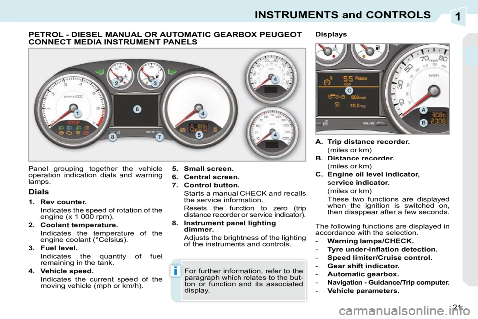 PEUGEOT 308 CC 2010  Owners Manual 1
i
21
INSTRUMENTS and CONTROLS
             PETROL - DIESEL MANUAL OR AUTOMATIC GEARBOX PEUGEOT CONNECT MEDIA INSTRUMENT PANELS 
� �P�a�n�e�l�  �g�r�o�u�p�i�n�g�  �t�o�g�e�t�h�e�r�  �t�h�e�  �v�e�h�i