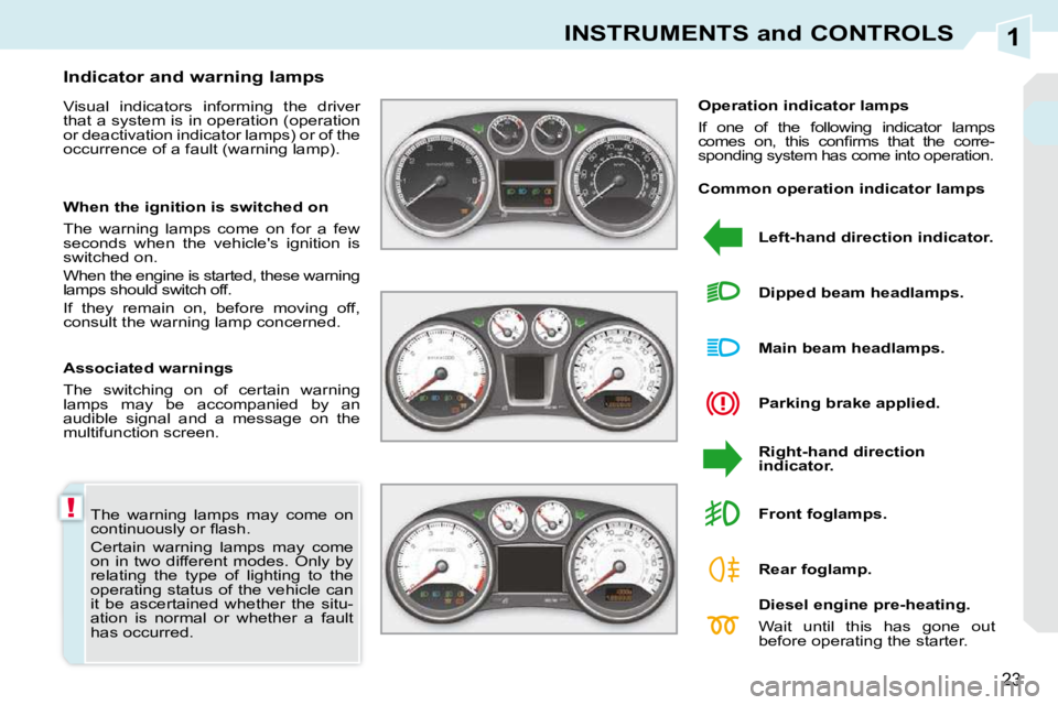 PEUGEOT 308 CC 2010 User Guide 1
!
23
INSTRUMENTS and CONTROLS
� �T�h�e�  �w�a�r�n�i�n�g�  �l�a�m�p�s�  �m�a�y�  �c�o�m�e�  �o�n�  
�c�o�n�t�i�n�u�o�u�s�l�y� �o�r� �ﬂ� �a�s�h�.�  
� �C�e�r�t�a�i�n�  �w�a�r�n�i�n�g�  �l�a�m�p�s�  