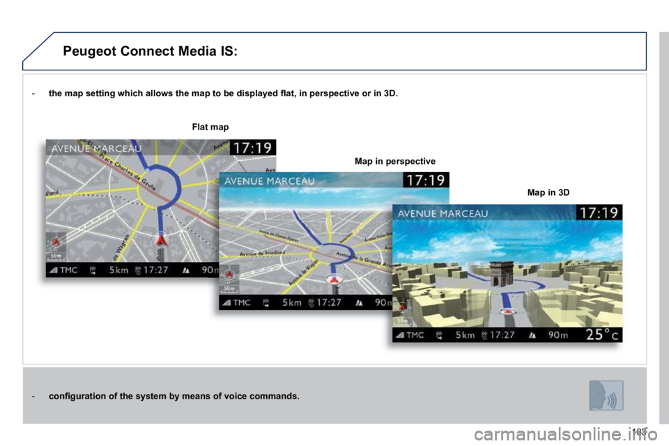 PEUGEOT 308 CC 2010  Owners Manual 183
� � � �-� �  � �t�h�e� �m�a�p� �s�e�t�t�i�n�g� �w�h�i�c�h� �a�l�l�o�w�s� �t�h�e� �m�a�p� �t�o� �b�e� �d�i�s�p�l�a�y�e�d� �ﬂ� �a�t�,� �i�n� �p�e�r�s�p�e�c�t�i�v�e� �o�r� �i�n� �3�D�.
� � � �-� � 