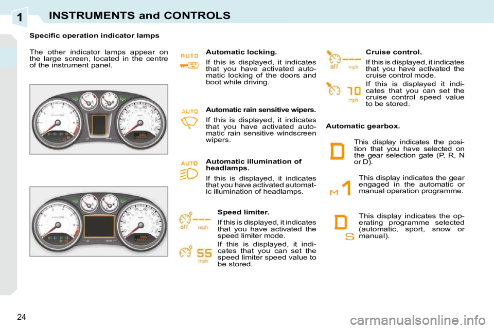 PEUGEOT 308 CC 2010 Owners Manual 1
�2�4
INSTRUMENTS and CONTROLS
� � � �S�p�e�c�i�ﬁ� �c� �o�p�e�r�a�t�i�o�n� �i�n�d�i�c�a�t�o�r� �l�a�m�p�s� � �  
� �T�h�e�  �o�t�h�e�r�  �i�n�d�i�c�a�t�o�r�  �l�a�m�p�s�  �a�p�p�e�a�r�  �o�n�  
�t�