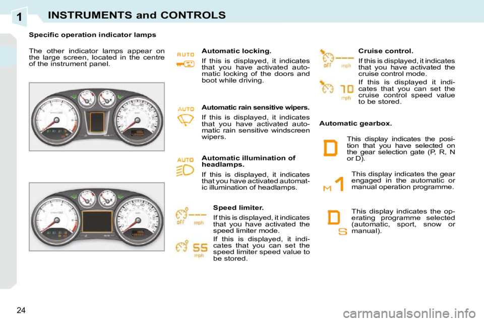 PEUGEOT 308 CC 2010  Owners Manual 1
�2�4
INSTRUMENTS and CONTROLS
� � � �S�p�e�c�i�ﬁ� �c� �o�p�e�r�a�t�i�o�n� �i�n�d�i�c�a�t�o�r� �l�a�m�p�s� � �  
� �T�h�e�  �o�t�h�e�r�  �i�n�d�i�c�a�t�o�r�  �l�a�m�p�s�  �a�p�p�e�a�r�  �o�n�  
�t�