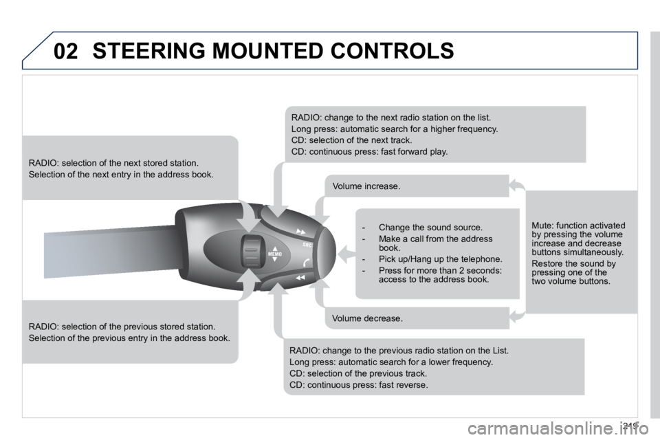 PEUGEOT 308 CC 2010  Owners Manual 02
219
 STEERING MOUNTED CONTROLS 
� � �R�A�D�I�O�:� �s�e�l�e�c�t�i�o�n� �o�f� �t�h�e� �p�r�e�v�i�o�u�s� �s�t�o�r�e�d� �s�t�a�t�i�o�n�.� 
� �S�e�l�e�c�t�i�o�n� �o�f� �t�h�e� �p�r�e�v�i�o�u�s� �e�n�t�r
