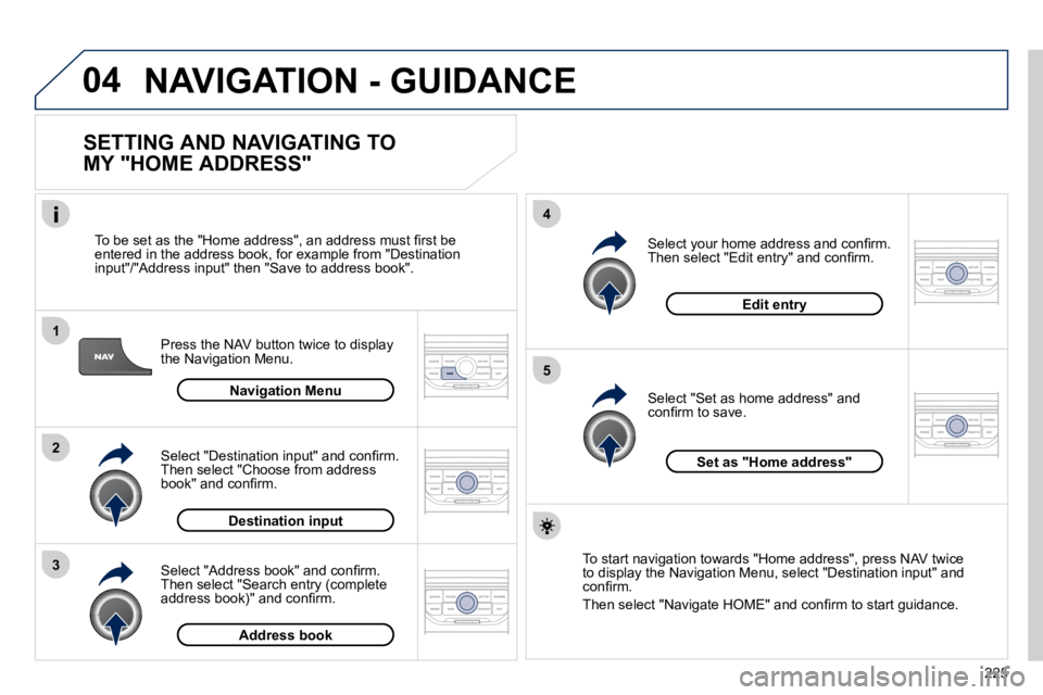 PEUGEOT 308 CC 2010  Owners Manual 04
1
2
3
5
4
225
 NAVIGATION - GUIDANCE 
  SETTING AND NAVIGATING TO  
MY "HOME ADDRESS" 
� � �P�r�e�s�s� �t�h�e� �N�A�V� �b�u�t�t�o�n� �t�w�i�c�e� �t�o� �d�i�s�p�l�a�y� �t�h�e� �N�a�v�i�g�a�t�i�o�n� 